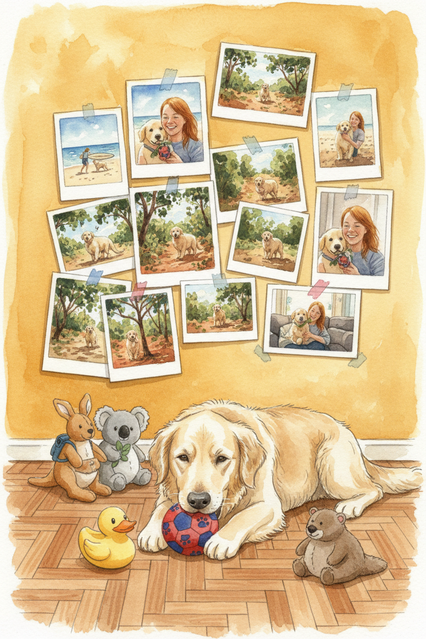 A richly detailed warm watercolor illustration. The fluffy Golden Retriever lies peacefully on the warm parquet wooden floor, chewinh the paw-print soccer ball toy, surrounded by the yellow duck and stuffed dolls. revealing a wide, warm yellow wall completely covered with a collage of many Polaroid photos taped haphazardly. The Polaroids show happy scenes of the dog and its lady owner playing outside, hiking, at the park, and cuddling. Cozy, nostalgic atmosphere, ar 9:16 AU style
