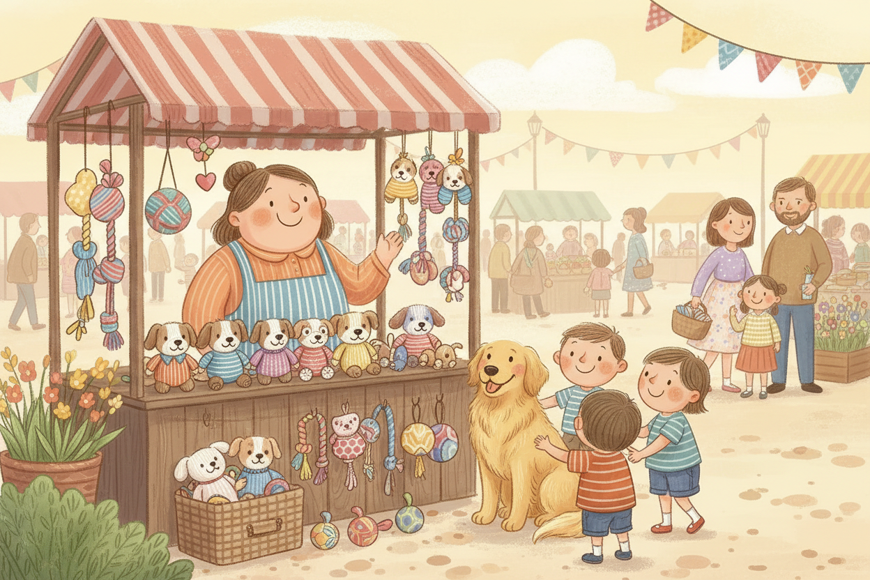 A whimsical, heartwarming children's book illustration of a bustling weekend market. A cheerful vendor with a striped apron stands behind a wooden stall overflowing with colorful handmade knitted dog dolls and playful pet toys (bones, ropes). A fluffy, smiling Golden Retriever sits next to the stall, being petted by several happy children with round faces. Many stylized families and people browsing in the background. Sunny day, soft pastel colors, textured brushstrokes, hand-drawn feel, cozy atmosphere, non